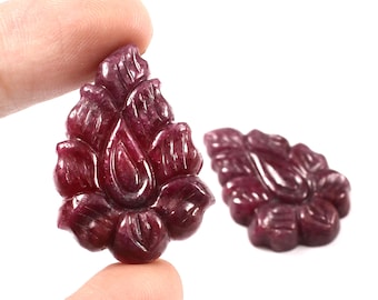 Hand Carved Ruby Gemstone Pair, Leaf Design (32x22x5mm)