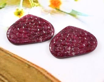 Natural Ruby Gemstone Carving For Pendant | Hand Carved Floral Design (28x42x5mm)
