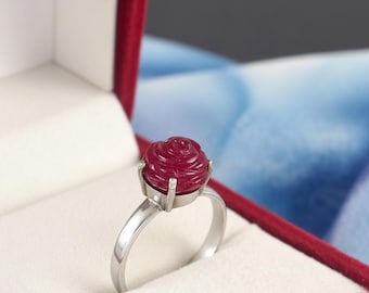 Rose Carved Ruby Gemstone Ring, Sterling Silver, July Birthstone (9x9x8 mm)