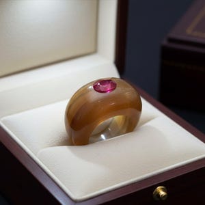 Peut inclure: Une bague massive de couleur ambre, ornée d'une grande pierre précieuse rouge rubis ovale. La bague est présentée dans un écrin en bois avec un intérieur crème, mettant en valeur la surface polie et le design.