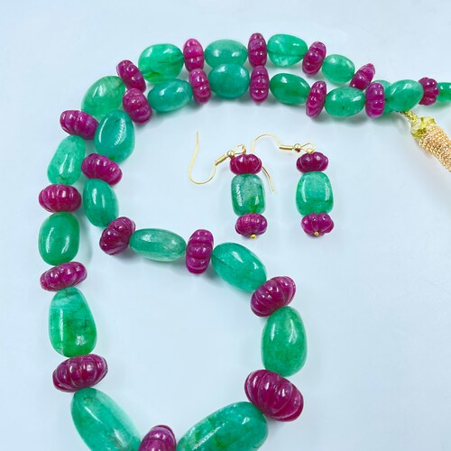 Ruby | Beads | Carving | Necklace | shops Beads Jewelry | Necklace With Earring | Carving Melon | Ruby Gemstone 49 pc. Weight 514 Ct. k-2293