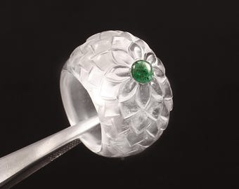 Carved Clear Quartz Ring with Emerald Gemstone (32x28x15mm) Jewelry Making