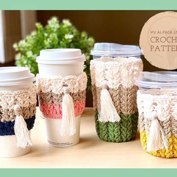 Crochet PATTERN: Boho Cup Cozy | Hot & Cold drinks To-go Cup Sleeve | Instant Download PDF | 3 Patterns in 1 | Knit Reusable Coffee Cozy |