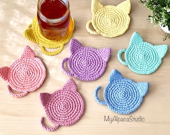 Cat Coaster- Pastel Series (1 piece)| Hand-crocheted| 100% Cotton| Cute Colorful Home Decor | Minimalistic Kitty Mug Rug| Cat Lover Gift