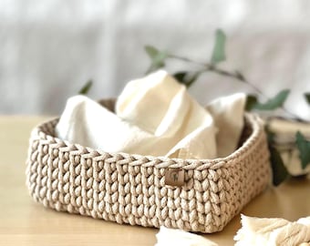 Hand-Crocheted Square Basket (8")- Cotton Napkin Holder & Catch-all Tray