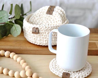 Hand Crocheted Round Coaster Set, Sustainable Recycled Cotton Home Decor Gift