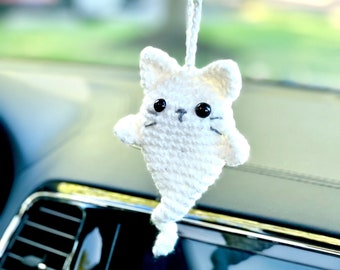 Ghost Cat Car Charm | Hand-crocheted | Cute Halloween Decor | Cat Themed Car Accessories | Car Rear-view Mirror Ornament | Cat Lovers Gift