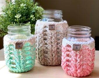 Mason Jar Cozy, Pint/Quart Sizes| Crochet Jar Cover| Ombre Table Decor| Chunky Cotton Mug Cozy| Knitted Glass Holder| Spring Home Decor