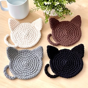 Cat Coaster (1 piece) | Hand-crocheted | 100% Cotton | Cute Home Decor | Neutral Color | Minimalist Kitty Mug Rug | Cat Lovers Gift