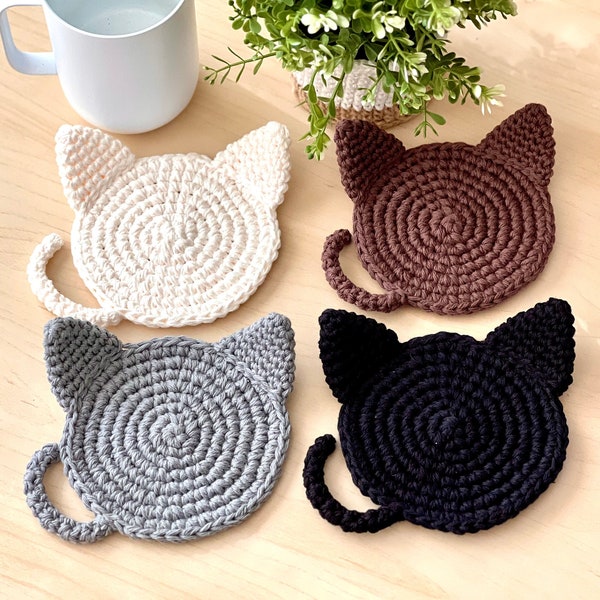 Cat Coaster (1 piece) | Hand-crocheted | 100% Cotton | Cute Home Decor | Neutral Color | Minimalist Kitty Mug Rug | Cat Lovers Gift