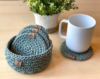 Round Coasters, Set of 4 / 6 / 8| Hand Crocheted with Cotton Cord| With/without holder| Minimalist Modern Home Decor| Holiday Gift Set