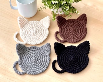 Cat Coaster (1 piece) | Hand-crocheted | 100% Cotton | Cute Home Decor | Neutral Color | Minimalist Kitty Mug Rug | Cat Lovers Gift