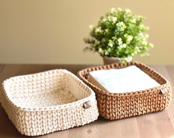 Square Storage Basket (1 ct)| Hand-crocheted| Minimalist Rectangle Tray| Multi-purpose Organizer - Bathroom, Desk, Bedroom, Entryway, Pantry