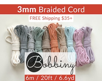 BOBBINY 3mm Braided Cord (1 ct) | 20ft, 6m, 6.6yd | Sample Cotton Cord | 6-super bulky cotton yarn | For crochet, knitting, macrame, craft