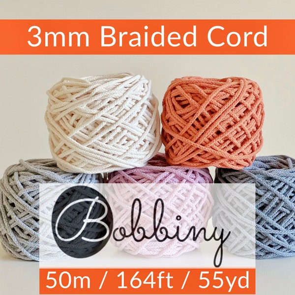 BOBBINY 3mm Braided Cord (1 ct) | 164ft, 50m, 55yd | Chunky Cotton Cord | 6-super bulky cotton yarn | For Crochet, Knitting, Macrame, Craft