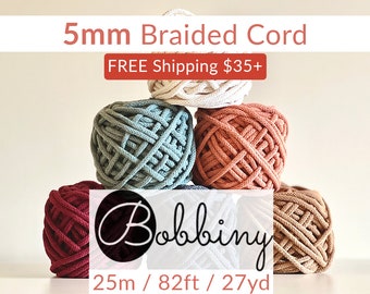 BOBBINY 5mm Braided Cord (1 ct) | 82ft, 25m, 27yd | FREE SHIPPING 35+ usd | Chunky Cotton Cord | For Crochet, Knitting, Macrame, Craft
