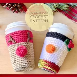 Crochet PATTERN: Holiday Coffee Cozy|  Reindeer, Snowman Coffee Sleeve| 2 in 1 instant download PDF| Minimalist Christmas Decor|Holiday Gift