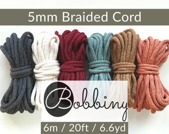 BOBBINY 5mm Braided Cord (1 ct)| 20ft, 6m, 6.6yd| Sample Cotton Cord| Eco Friendly| Crochet, knitting, macrame, craft| FREE SHIPPING 35+ usd