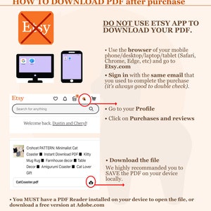 May include: A red and white Etsy logo with a red diagonal line through it. The text "DO NOT USE ETSY APP TO DOWNLOAD YOUR PDF." is in brown text. A list of instructions on how to download a PDF after purchase from Etsy is provided.