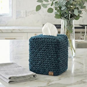 Hand-Crocheted Square Tissue Box Cover Peacock Blue