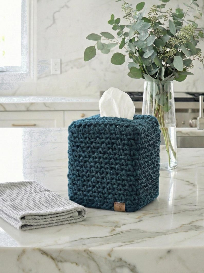 Hand-Crocheted Square Tissue Box Cover Peacock Blue