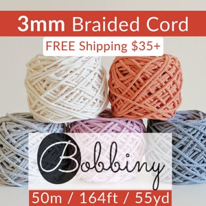 BOBBINY 3mm Braided Cord (1 ct) | 164ft, 50m, 55yd | FREE SHIPPING 35+ usd| 6-super bulky cotton yarn| For Crochet, Knitting, Macrame, Craft