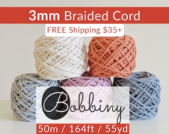 BOBBINY 3mm Braided Cord (1 ct) | 164ft, 50m, 55yd | FREE SHIPPING 35+ usd| 6-super bulky cotton yarn| For Crochet, Knitting, Macrame, Craft