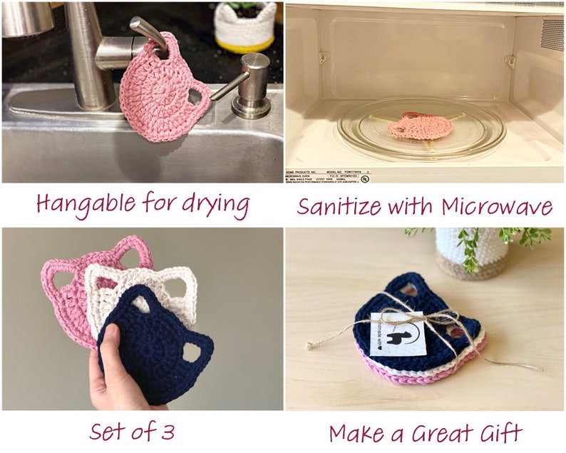 Cat Dish Scrubbies Set of 3 Hand-crocheted 100% Cotton Kitty Wash Cloth Cute Kitchen Linen Cat Lovers Gift Housewarming Gift image 3