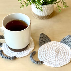 Cat Coaster 1 piece Bicolor Series Hand-crocheted 100% Cotton Cute Kawaii Home Decor Minimalistic Kitty Mug Rug Cat Lovers Gift image 9