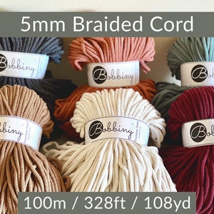 BOBBINY 5mm Braided Cord (1 ct)| 328ft, 100m, 108yd| Eco Friendly| For Crochet, Knitting, Drawstring, Macrame, Craft| FREE SHIPPING 35+ usd