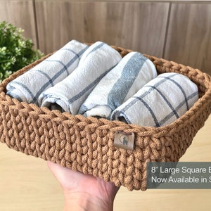 Square Storage Basket 1 ct Hand-crocheted Minimalist Rectangle Tray Multi-purpose Organizer Bathroom, Desk, Bedroom, Entryway, Pantry image 7