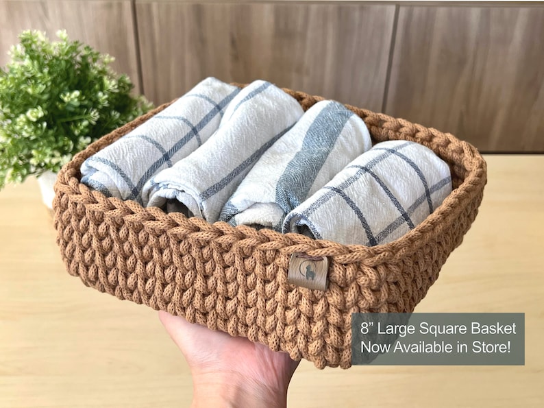 Square Storage Basket 1 ct Hand-crocheted Minimalist Rectangle Tray Multi-purpose Organizer Bathroom, Desk, Bedroom, Entryway, Pantry image 7