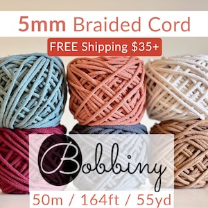 BOBBINY 5mm Braided Cord (1 ct) | 164ft, 50m, 55yd | FREE SHIPPING 35+ usd | Chunky Cotton Cord | For Crochet, Knitting, Macrame, Craft |