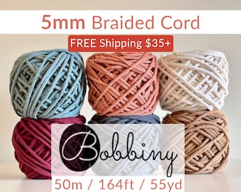 BOBBINY 5mm Braided Cord (1 ct) | 164ft, 50m, 55yd | FREE SHIPPING 35+ usd | Chunky Cotton Cord | For Crochet, Knitting, Macrame, Craft |