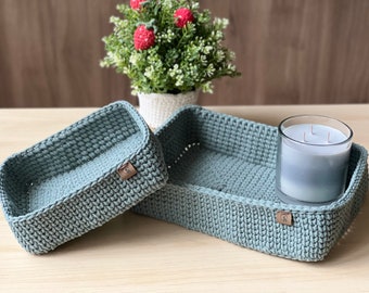 Rectangular Storage Basket (1 count)| Hand-crocheted | Stackable, Foldable | Multi-purpose Organizer for Bathroom, Bedroom, Entryway, Pantry