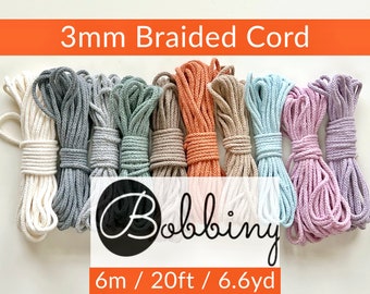 BOBBINY 3mm Braided Cord (1 ct) | 20ft, 6m, 6.6yd | Sample Cotton Cord | 6-super bulky cotton yarn | For crochet, knitting, macrame, craft