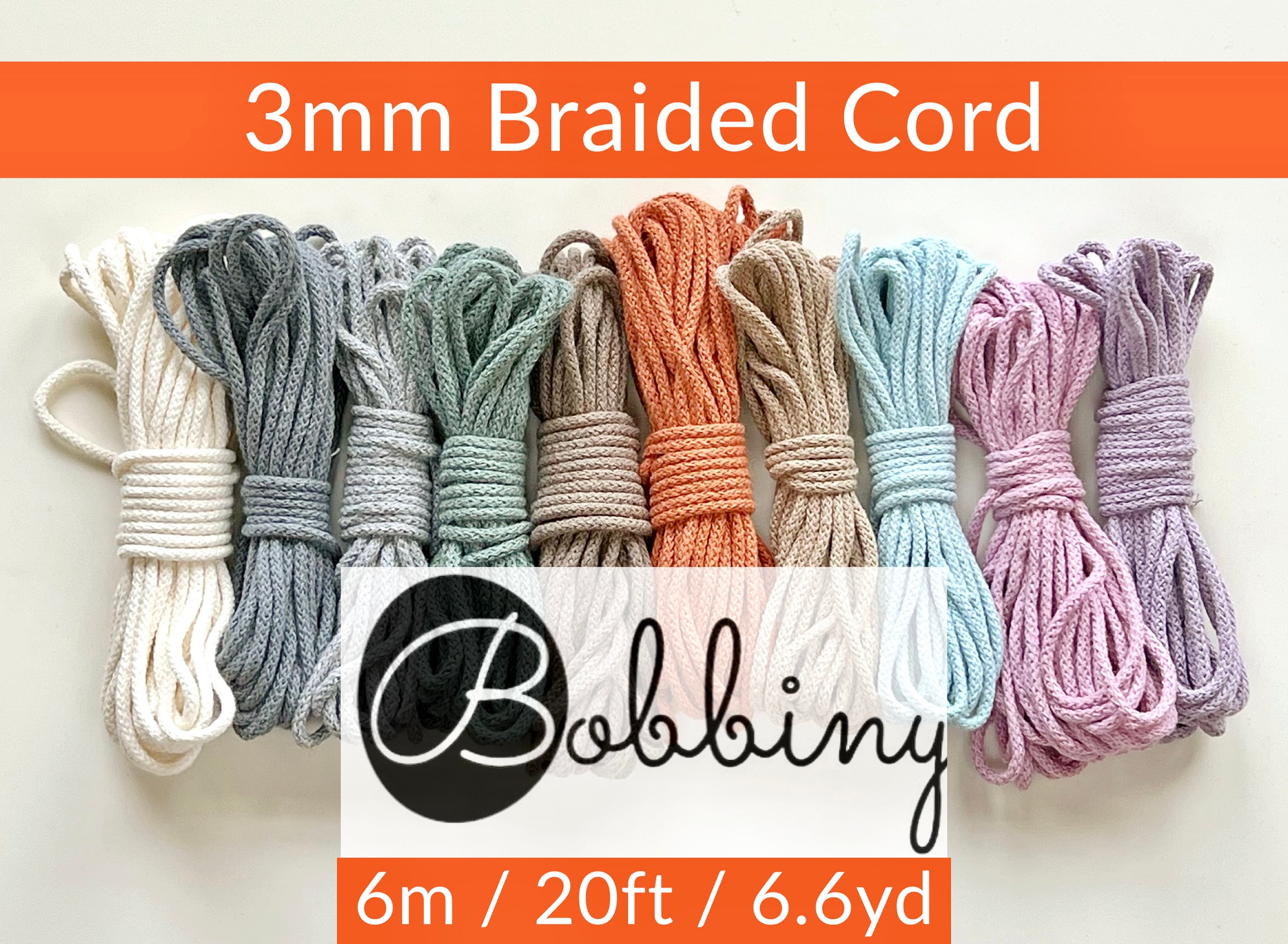 BOBBINY 3mm Braided Cord 1 Ct 20ft, 6m, 6.6yd Sample Cotton Cord 6