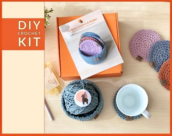 Crochet KIT: Coasters & Holder | Minimalist Table Setting | Modern Home Decor| Easy to Follow Pattern n Video | Gift Set for Craft Lover