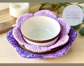 Crochet Pattern: 2 sizes Bowl Cozy, Flower Design, Modern Kitchen Decor