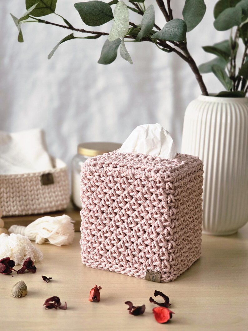 Hand-Crocheted Square Tissue Box Cover Pastel Pink