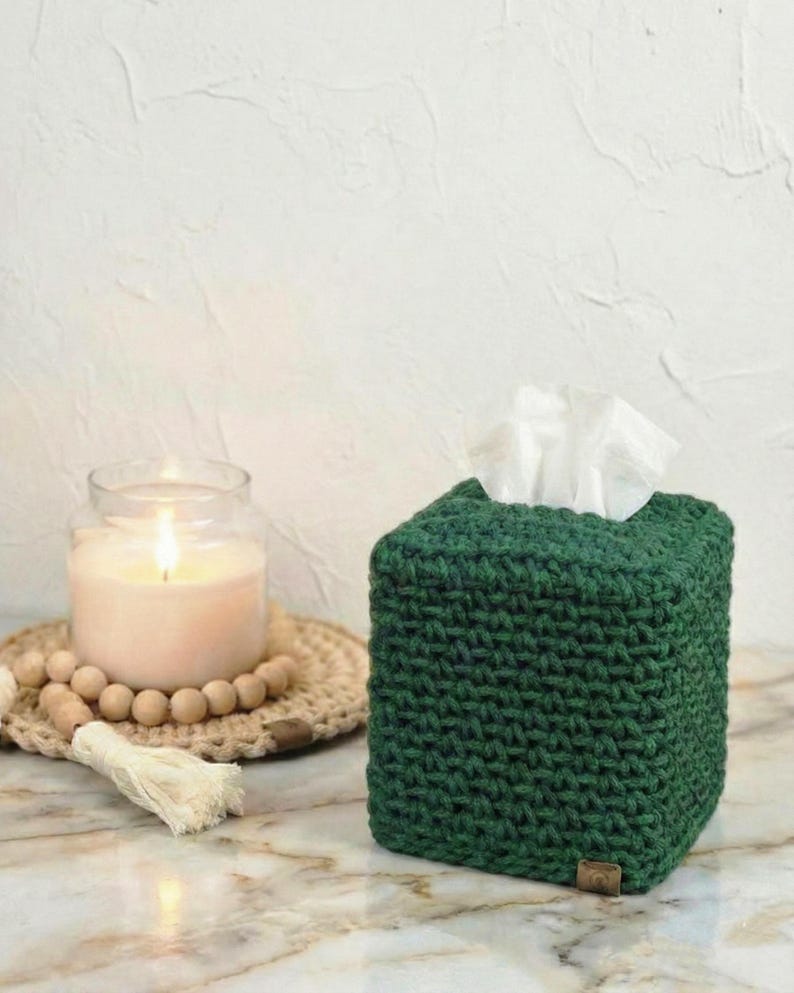 Hand-Crocheted Square Tissue Box Cover Pine Green