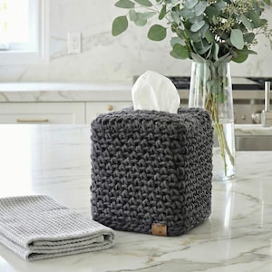 Hand-Crocheted Square Tissue Box Cover Charcoal