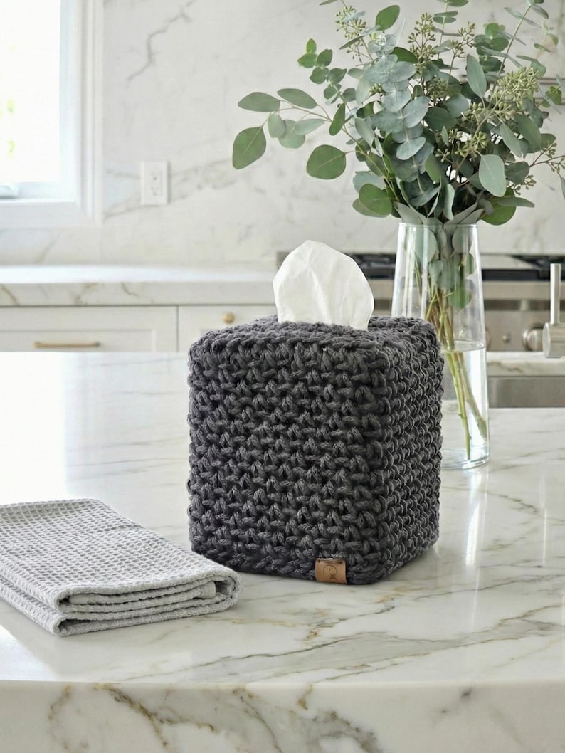 Hand-Crocheted Square Tissue Box Cover Charcoal