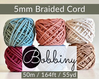 BOBBINY 5mm Braided Cord (1 ct) | 164ft, 50m, 55yd | Chunky Cotton Cord | For Crochet, Knitting, Macrame, Craft | FREE SHIPPING 35+ usd