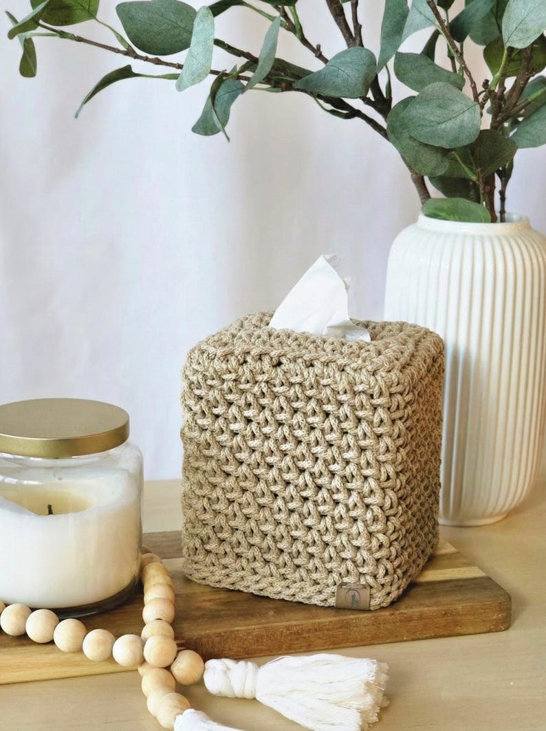 Hand-Crocheted Square Tissue Box Cover Sand