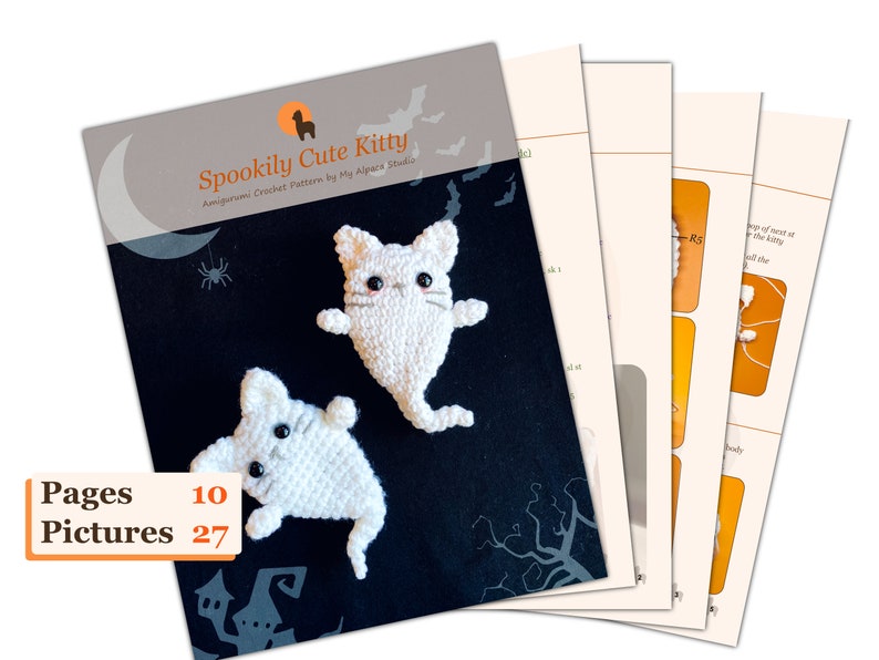 Ganchillo, 2 tamaños: Muñeco de bolsillo de gato Amigurumi / Decoración espeluznante de Halloween / Guirnalda de fantasmas de Halloween / Llavero de gato / Broche de gatito / Regalo para amantes de los gatos imagen 2