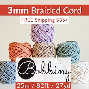 BOBBINY 3mm Braided Cord (1 ct) | 82ft, 25m, 27yd | Chunky Cotton Cord | 6-super bulky cotton yarn | For Crochet, Knitting, Macrame, Craft