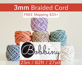 BOBBINY 3mm Braided Cord (1 ct) | 82ft, 25m, 27yd | Chunky Cotton Cord | 6-super bulky cotton yarn | For Crochet, Knitting, Macrame, Craft