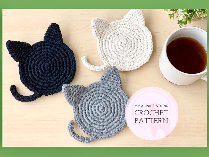 Crochet PATTERN: Minimalist Cat Coaster Instant Download PDF Kitty Mug Rug Farmhouse Table Decor DIY Amigurumi Coaster Cat Lover Gift image 1