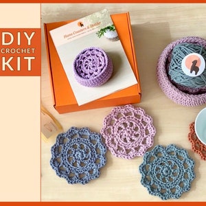 Crochet KIT: Flower Coasters & Holder ⪼ Hana | Easy Crochet Project | Crochet Doilies| Rustic Kitchen Decor| Minimalist Table Decor